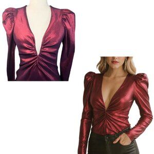 AMANDA UPRICHARD Magenta Plunge Neckline Puff Sleeve Long Sleeve Top Size S